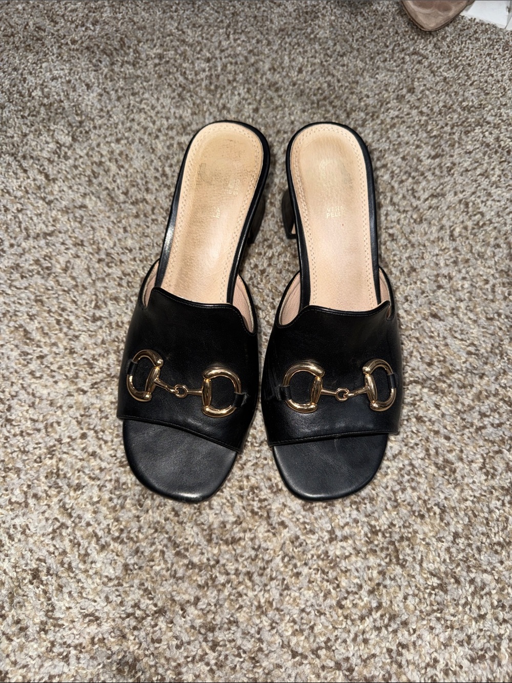 Horsebit Mules Black Leather Open-Toe Slide Heels with Gold Hardware